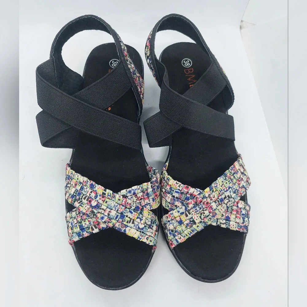 Bernie Mev Hallie Black Multicolor Wedge Open Toe Sandals Womens Size 38 US 7